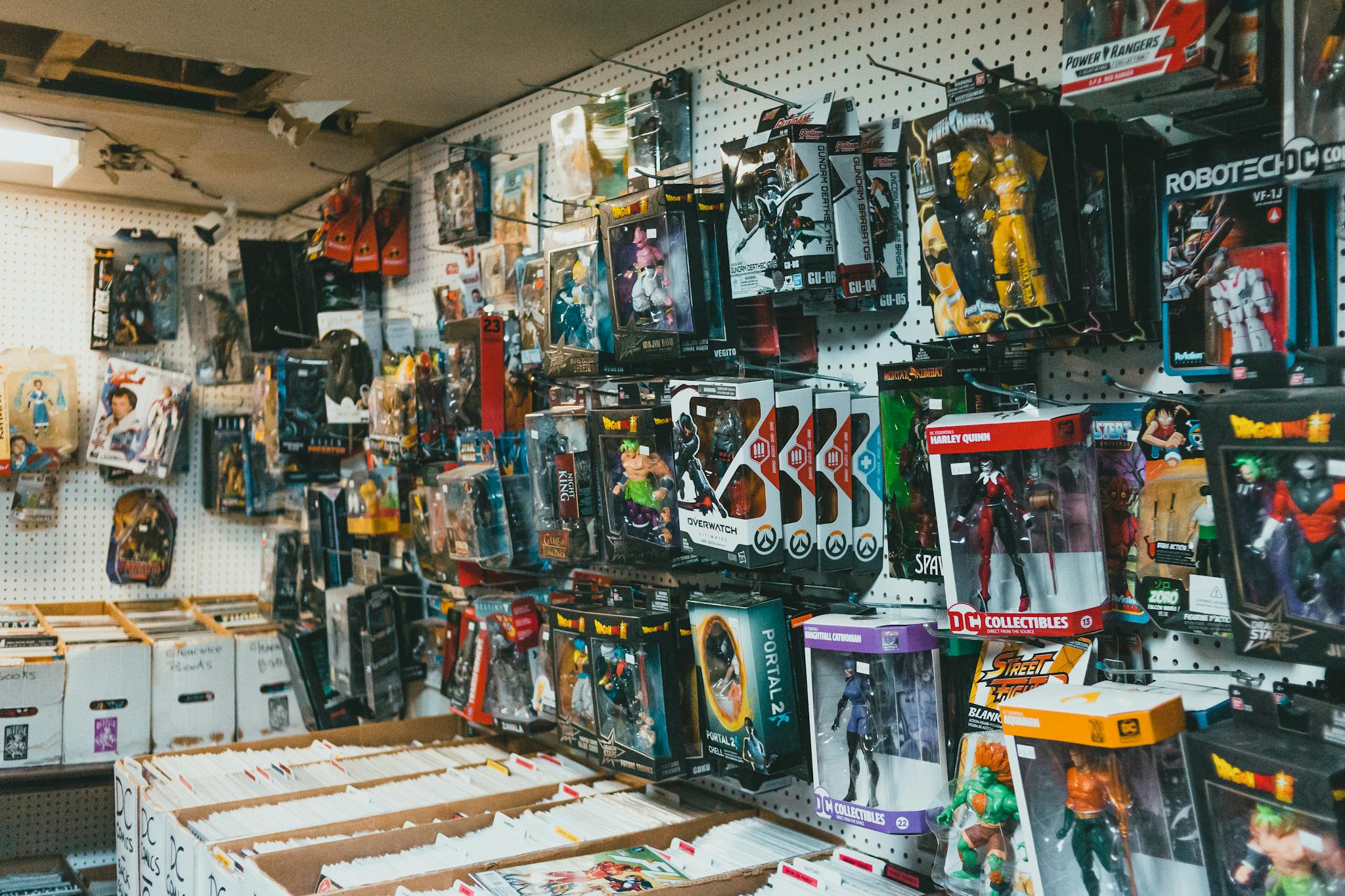 Shelves packed with collectible action figures in a toy store, showcasing diverse designs and colors.